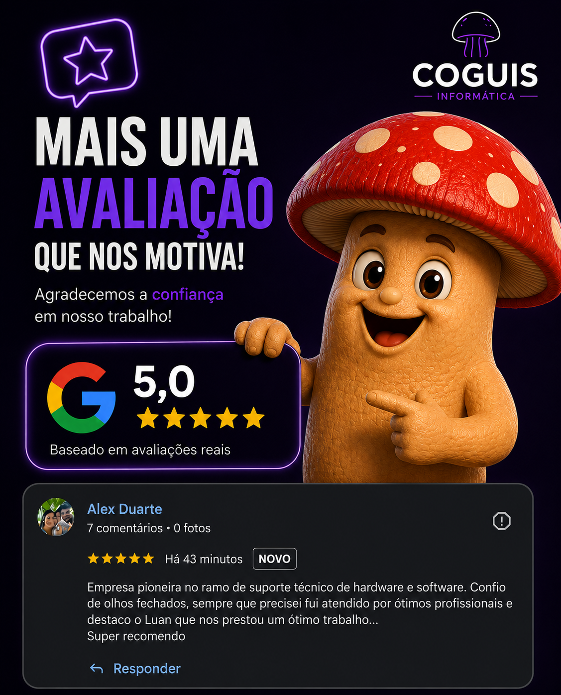 Avaliação real de Alex no Google para a Coguis Informática.