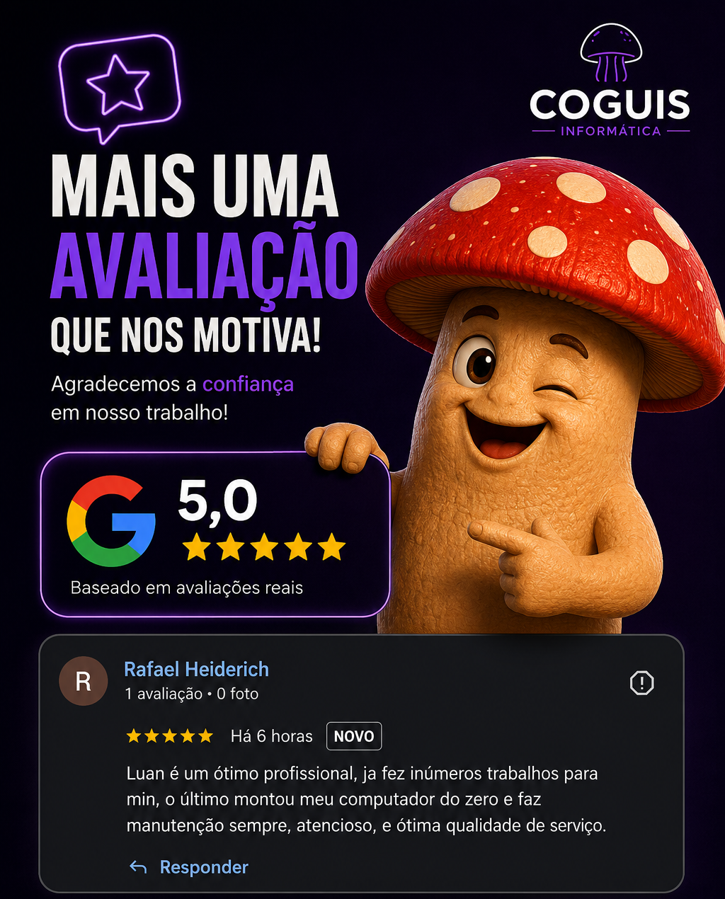 Avaliação real de Rafael Heiderich no Google para a Coguis Informática.
