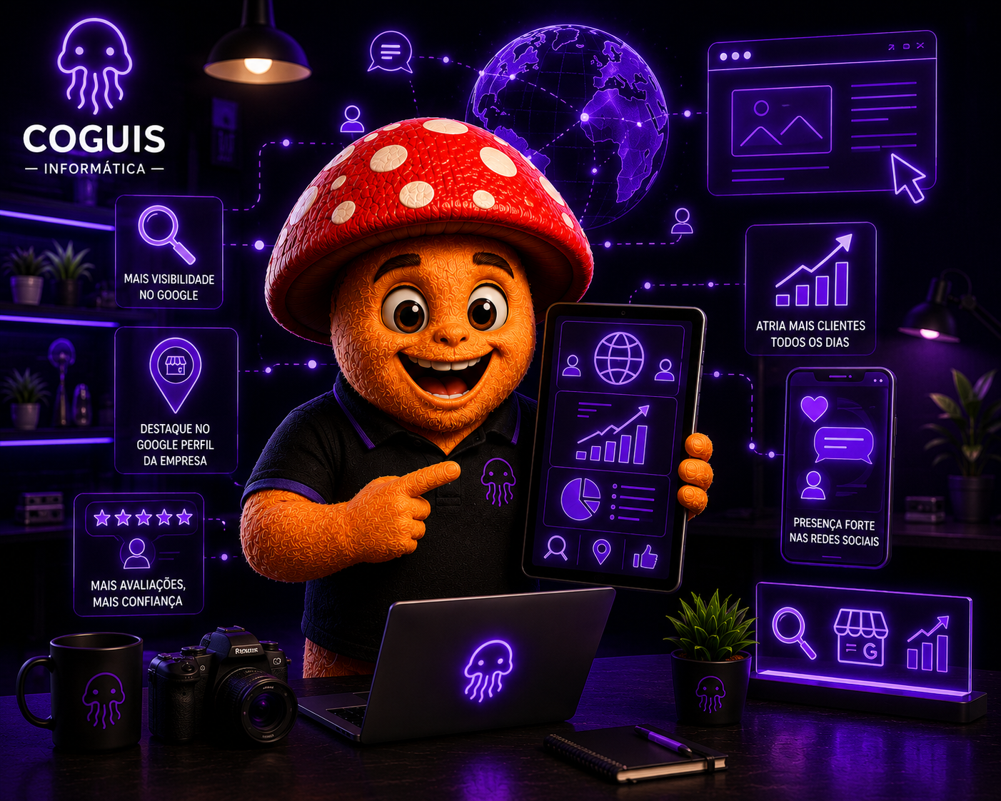 Mascote da Coguis Informática representando estratégias de presença digital