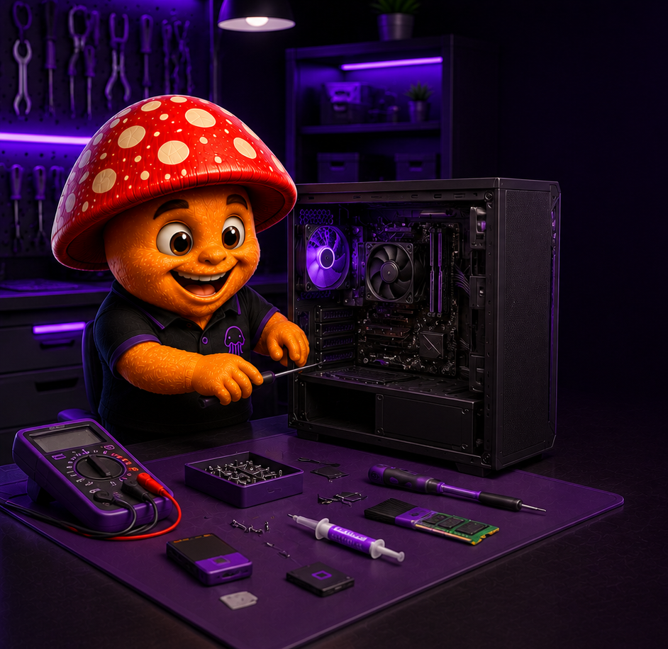 Mascote Coguis realizando manutenção em um computador