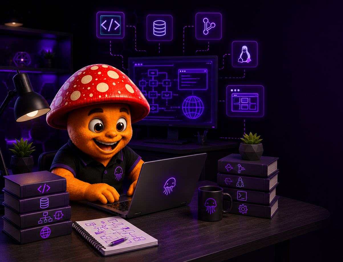 Mascote da Coguis Informática estudando programação e desenvolvimento web em um computador.