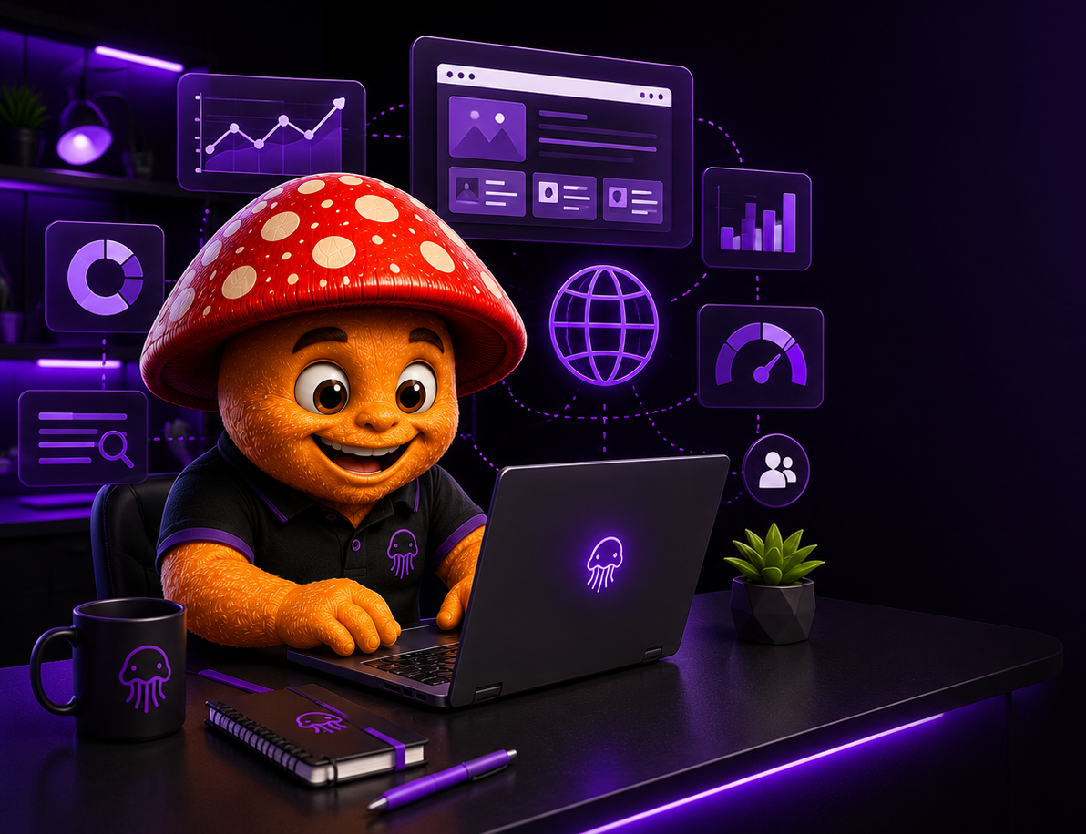 Mascote da Coguis Informática trabalhando em estratégias de presença digital e SEO.