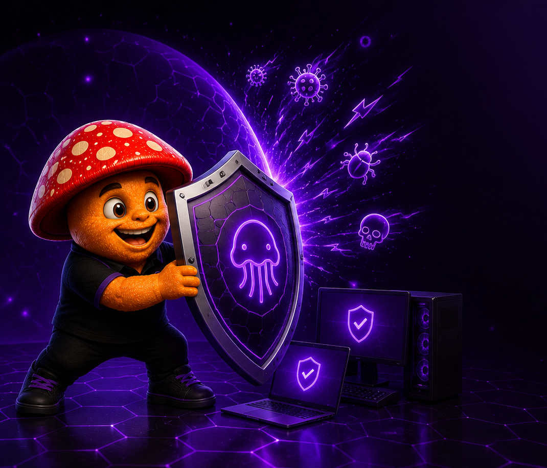 Mascote da Coguis Informática protegendo um computador com um escudo representando segurança digital.