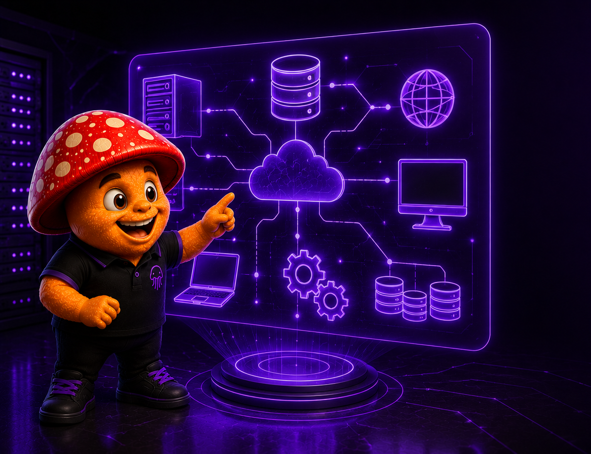 Mascote da Coguis Informática explicando conceitos de tecnologia em um ambiente moderno e educativo.
