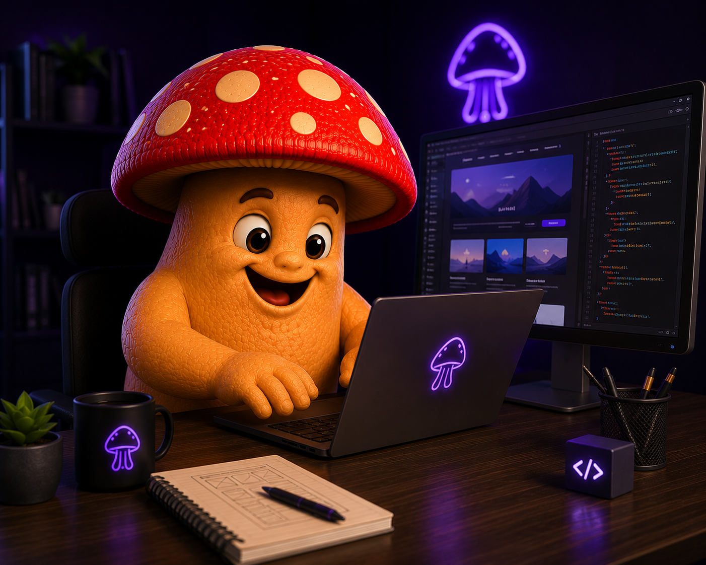 Mascote da Coguis Informática desenvolvendo sites profissionais em ambiente de criação digital.