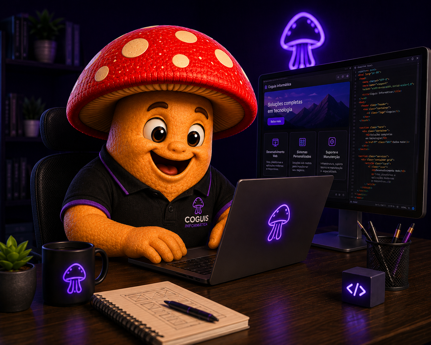 Mascote da Coguis Informática desenvolvendo sites profissionais em ambiente de criação digital.