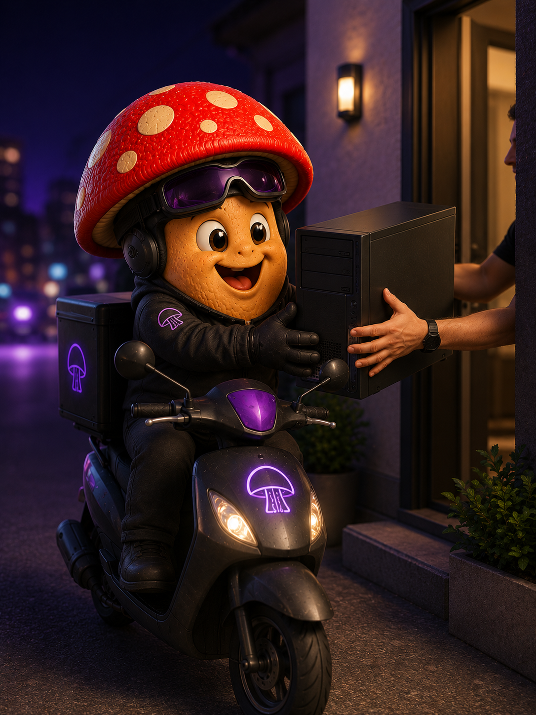 Mascote da Coguis Informática realizando busca e entrega de computador em motocicleta, representando praticidade, segurança e comodidade no atendimento.