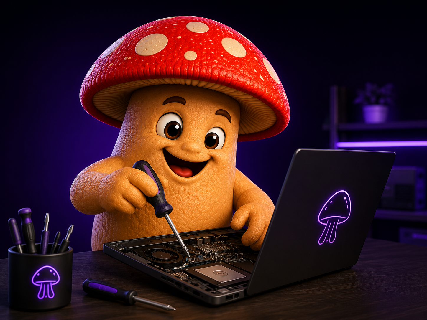 Mascote da Coguis Informática realizando manutenção e suporte técnico em notebook.