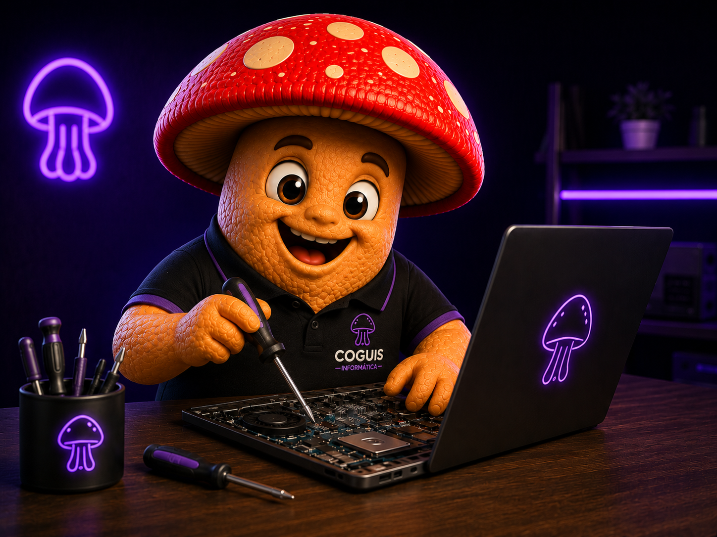 Mascote da Coguis Informática realizando manutenção e suporte técnico em notebook.