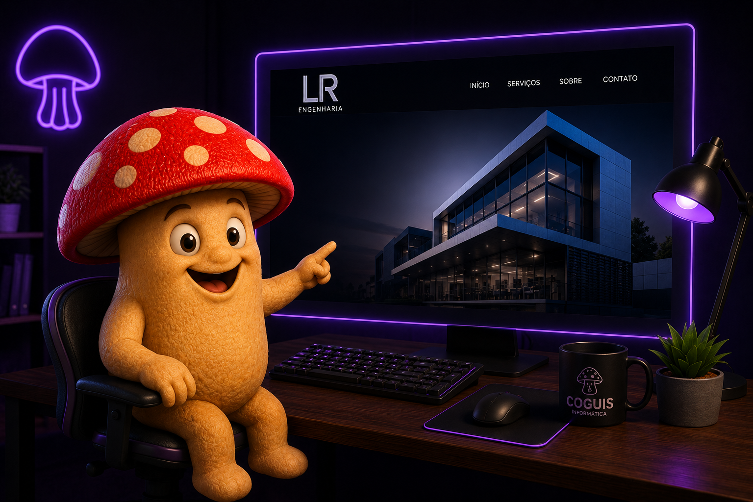 Mascote da Coguis Informática apresentando um showcase premium de site profissional com interface moderna e aparência de alto valor.