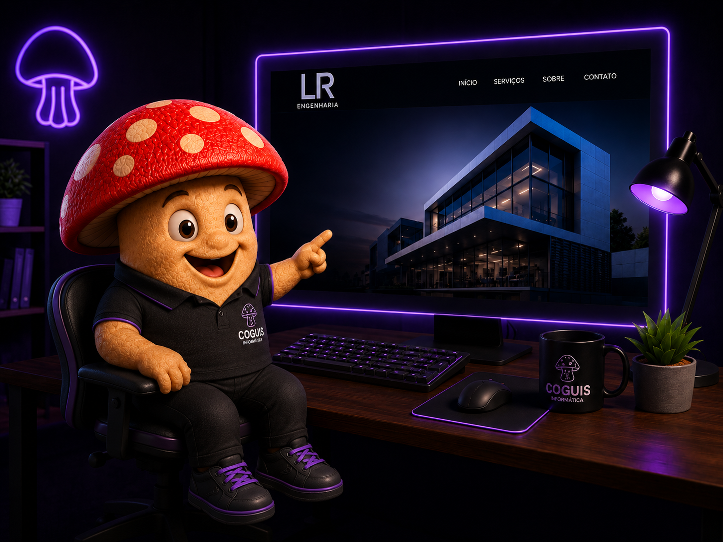 Mascote da Coguis Informática apresentando um showcase premium de site profissional com interface moderna e aparência de alto valor.