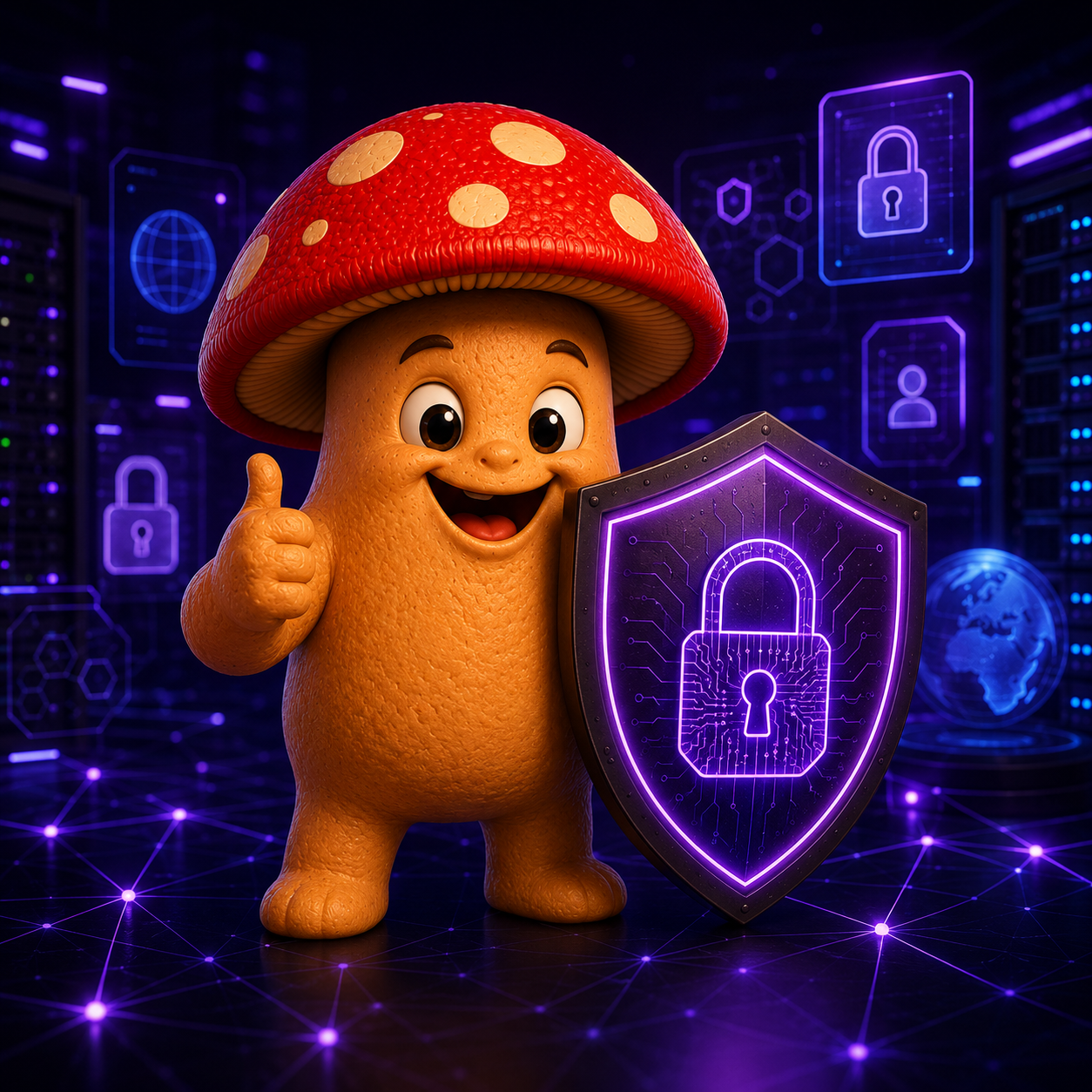 Mascote da Coguis Informática com escudo de proteção digital, representando privacidade, segurança de dados e responsabilidade no atendimento técnico.