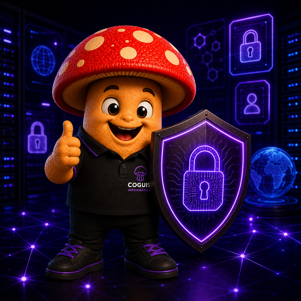 Mascote da Coguis Informática com escudo de proteção digital, representando privacidade, segurança de dados e responsabilidade no atendimento técnico.
