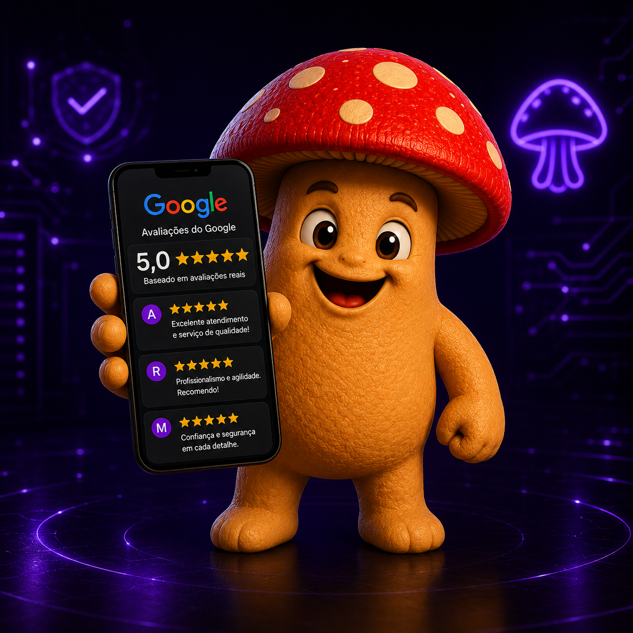 Mascote da Coguis Informática exibindo nota 5,0 em avaliações do Google, representando reputação, confiança e validação real de clientes.