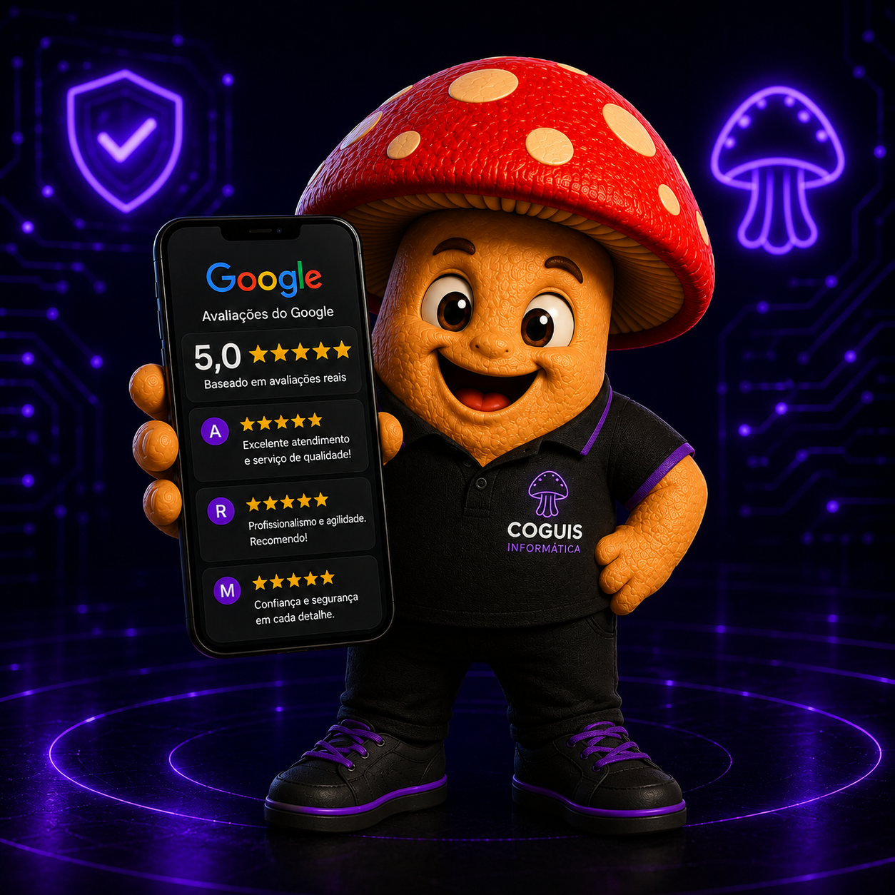 Mascote da Coguis Informática exibindo nota 5,0 em avaliações do Google, representando reputação, confiança e validação real de clientes.