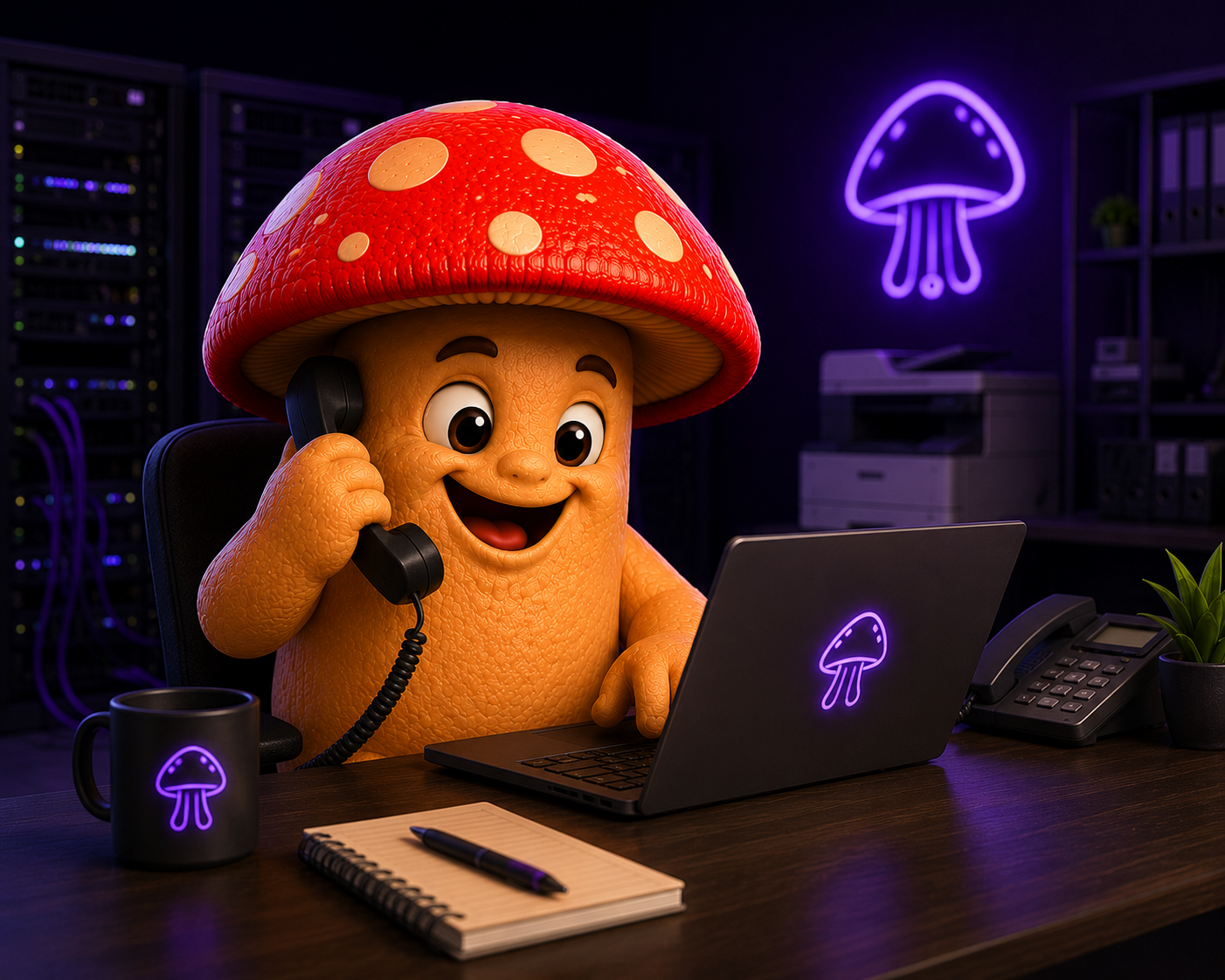 Mascote da Coguis Informática em ambiente corporativo oferecendo soluções empresariais.