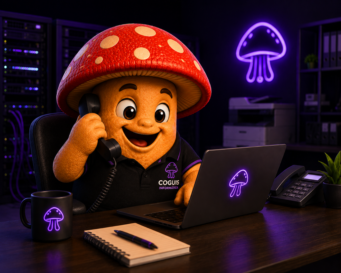Mascote da Coguis Informática em ambiente corporativo oferecendo soluções empresariais.