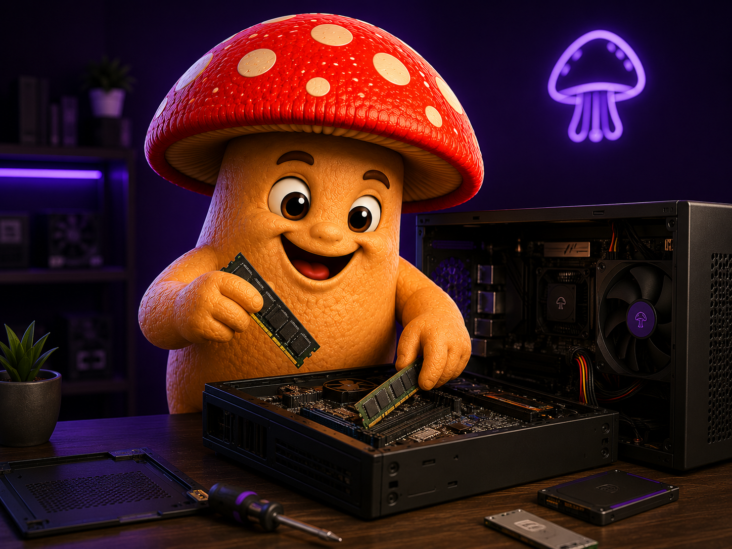 Mascote da Coguis Informática realizando upgrades e melhorias em computador desktop.