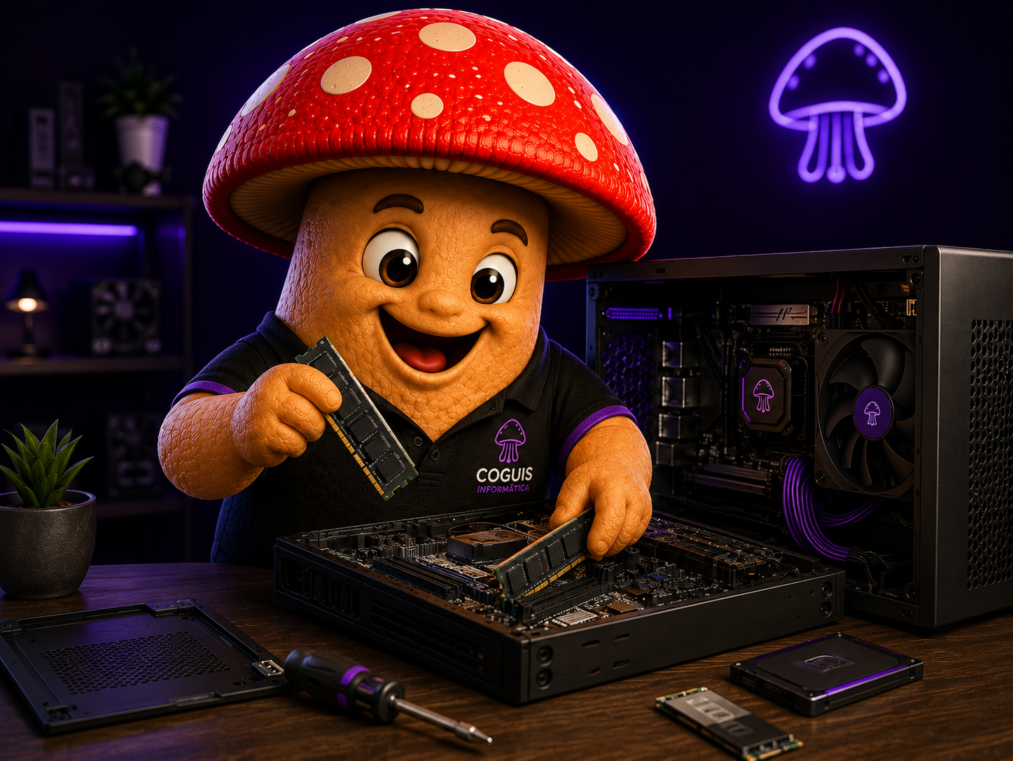 Mascote da Coguis Informática realizando upgrades e melhorias em computador desktop.
