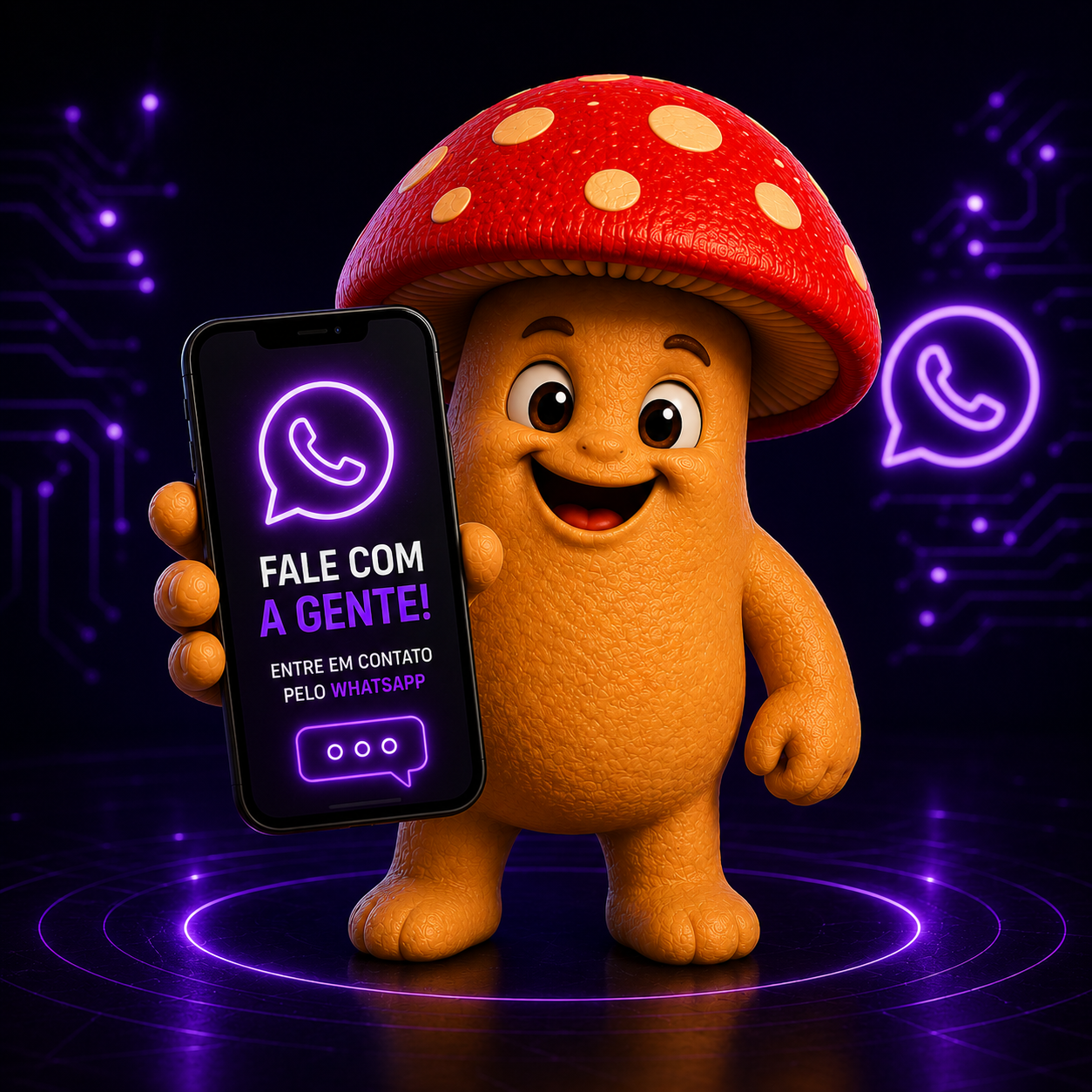 Mascote da Coguis Informática com celular e chamada para contato pelo WhatsApp.