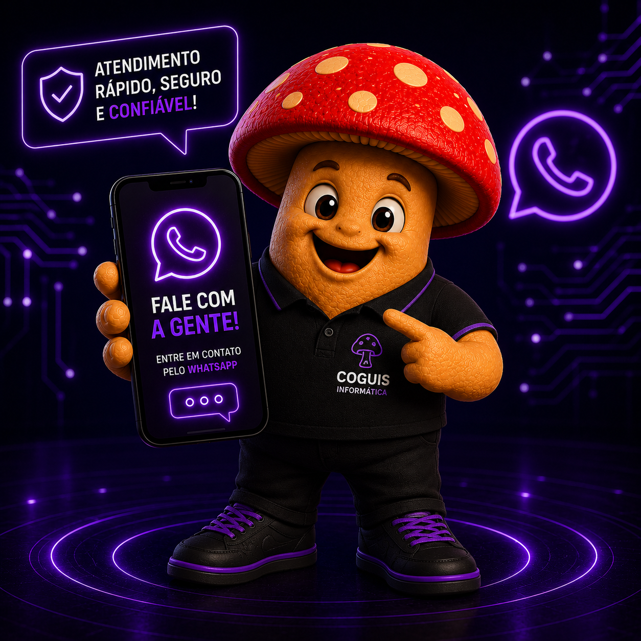 Mascote da Coguis Informática com celular e chamada para contato pelo WhatsApp.